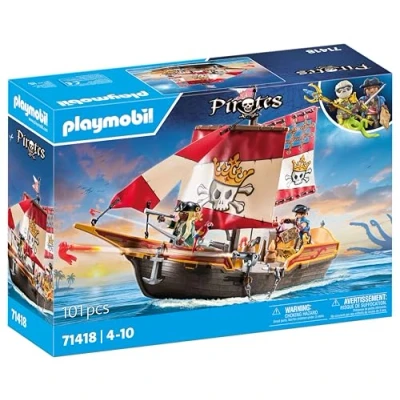 Image of Playmobil 71418 Pirates: Small Pirate Vessel, exciting adventures on the high seas, complete with extensive accessories, fun imaginative role play, playsets suitable for children ages 4+