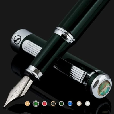 Image of Scriveiner Fountain Pen Very Dark British Racing Green, Stunning Luxury Pen, Chrome Finish, Schmidt Nib (Fine), Best Gift Set for Men &amp; Women, Professional, Executive, Office, Nice Pens