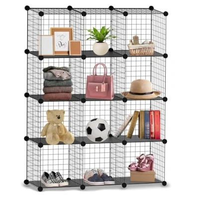 Image of Knight 12 Cube Interlocking Storage Rack with Metal Wire Mesh Shelves Multifunctional Fence Display Stand Unit Cabinet Large Capacity Free Rubber Mallet 123 x 93 31 cm Black