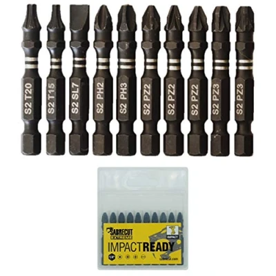 Image of 10 x SabreCut SCPC50_10 50mm PZ2 PZ3 PH2 PH3 SL7 T15 T20 Impact Screwdriver Driver Bits Set Single Ended Pozidriv POZI Phillips No.2 No.3 Slotted No.7 Torx 15 12 Heavy Duty Including Storage Box