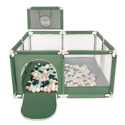Image of Selonis Square Play Pen Filed with 200 Balls Basketball, Green:Dark Turquoise/Pastel Beige/White/Mint