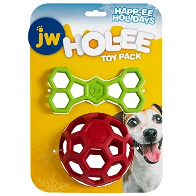Image of JW Hol ee Holiday For Dogs, Treat Ball Dog Toy Throw &amp; Pull 2 Pack