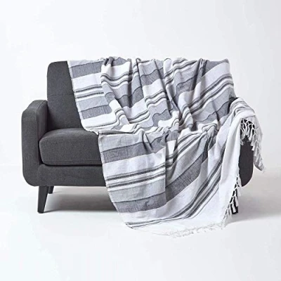 Image of HOMESCAPES Large Charcoal Grey Throw “Morocco Cotton Textured Stripe 225 x 255 cm Bedspread Sofa Handmade Suitable for 2 or 3 Seater Sofas Double and King Size Beds Machine Washable