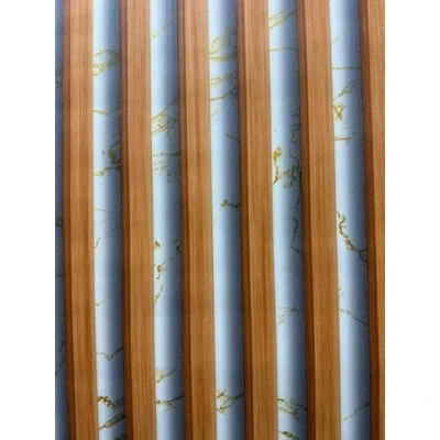 Image of WPE® Realistic 3D Wooden Slats Wallpaper on Oak with Gold and White Marble Background Textured Wall Covering for Living Room, Bedroom, Office Decor