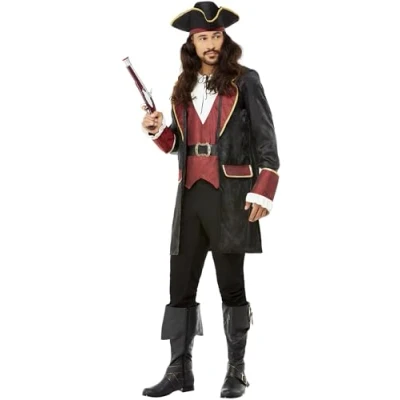Image of Smiffys Deluxe Swashbuckler Pirate Costume, Black Jacket, Mock Waistcoat, Shirt &amp; Hat, Fancy Dress, Dress Up Costumes