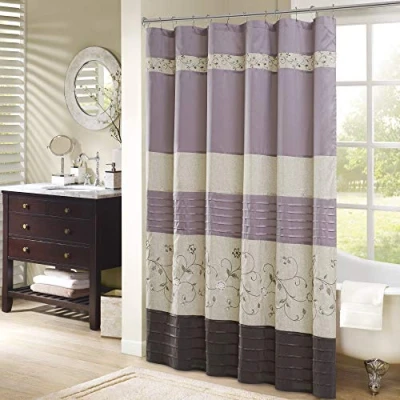Image of Madison Park Serene Flora Fabric Shower Curtain, Embroidered Transitional Curtains for Bathroom, 72 x in, Purple