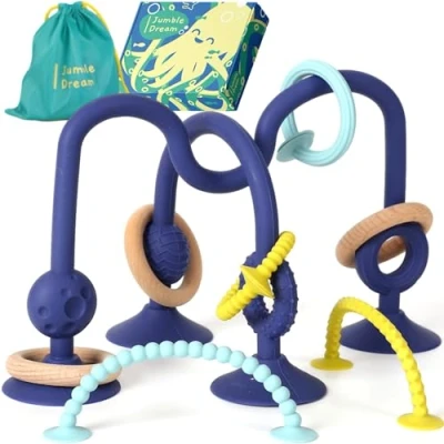 Image of Jumble Jangle Baby Teething Toy Multi Purpose High Chair Suction Teether Toy: Toys for with Sensory Textures Babies, Infants and Toddlers 024+ Months (Dark)
