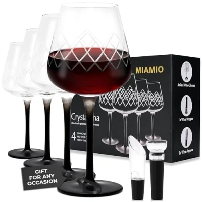 Image of MIAMIO 480 ml Red Wine Glasses, Set of 4 Large Glasses Crystal with Black Long Stem + Stopper &amp; Aerator Crystaluna Collection