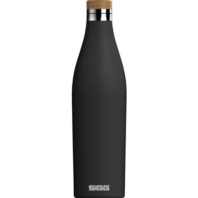Image of SIGG Insulated Water Bottle Meridian Leakproof Extra Slim BPA Free Plastic Double Walled 18/8 Stainless Steel Bamboo Screw Top Black 0.5 L