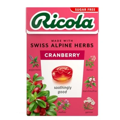 Image of Ricola Cranberry Sugar Free Swiss Herbal Sweets, Herb Drops, Sweet Box 45g Pack of 20 Boxes