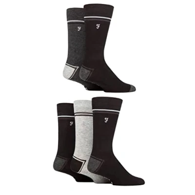 Image of Mens 5 Pair Farah Plain, Striped and Patterned Everyday Bamboo Socks Contrast Heel &amp; Toe Black / Charcoal 6 11