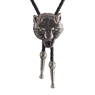 Image of FOLODA Western Bolo Tie Vintage American Necklace Wolf Cowboy Leather Necktie