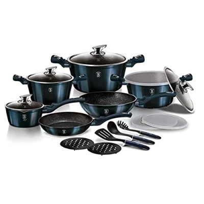 Image of 18 Piece Berlinger House Casserole Pots &amp; Frying Pan Set Aquamarine with 3 Layer Non Stick Marble Coating