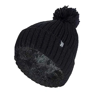 Image of HEAT HOLDERS Ladies Thick Chunky Ribbed Cuffed Thermal Insulated Winter Pom Bobble Hat (One Size, Black (Arden))