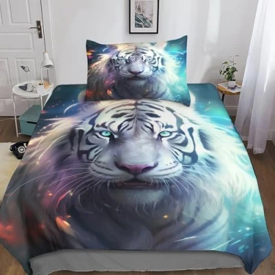Image of GEEYOU White Tiger 3D Bedding Set Duvet Cover with Pillowcases Microfiber Animal Comforter 3 Piece Quilt Zipper Closure for Kids Teens Adults Single（135x200cm）
