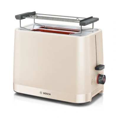 Image of Bosch MyMoment Infuse TAT3M127GB Compact 2 Slice Toaster with Reheat/Defrost, Foldable Bun Warmer, Auto Shut Off, High Lift and Crumb Tray, in Cream