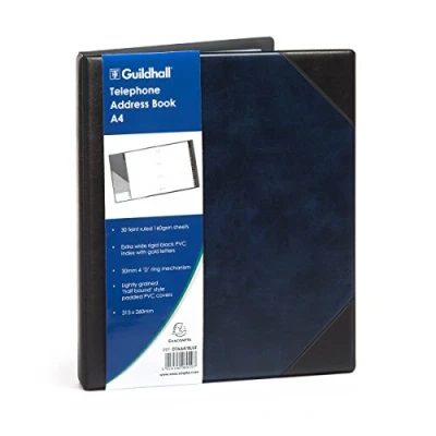 Image of Exacompta Ref DTAA4/BLUZ Guildhall Leatherette Telephone &amp; Address Book, 317 x 258mm, Half Bound, Light Padded Cover, 30 Faintly Ruled 160gsm Sheets, Rigid Black PVC Index