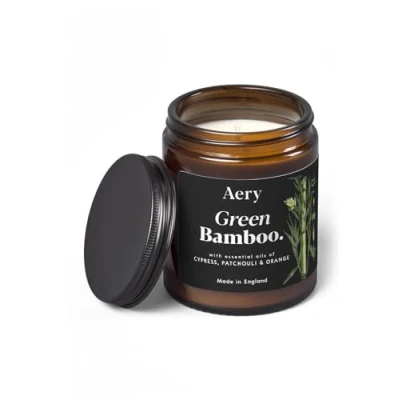Image of Aery Botanical Green Bamboo Glass Jar Soy Wax Candle Cypress, Patchouli &amp; Orange with 100% Plant Based 30 Hour Burn Time, AE0238