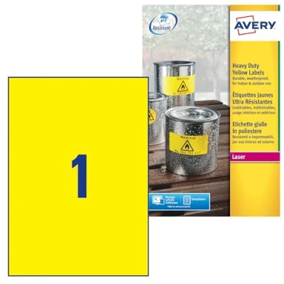 Image of Avery Yellow Heavy Duty Laser Labels, 210 x 297 mm Printer Labels (210 mm, Self Adhesive Label, Yellow, A4, 20 80 C, Polyester, Laser)