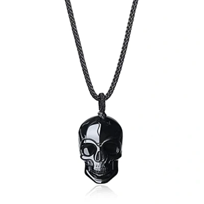 Image of COAI Adjustable Nylon Cord Skull Obsidian Black Stone Necklace