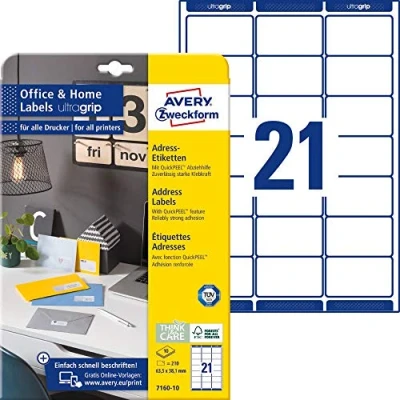Image of AVERY Zweckform 7160 10 Address Labels (210 Labels, 63.5 x 38.1 mm on A4, Printable Return Self Adhesive with Ultragrip, Ideal for Home Office) Sheets, White