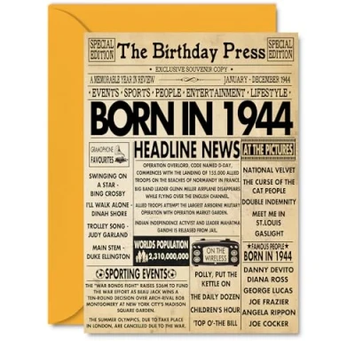 Image of 80th Birthday Cards for Women Men Born In 1944 Newspaper Happy 80 Card Grandma Grandad Nan Vintage Retro Back 1944, A5 Eighty Eightieth Bday Greeting