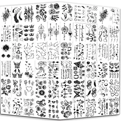 Image of Yazhiji Tiny Waterproof Temporary Tattoos 60 Sheets, Moon Stars Constellations Music Compass Anchor Words Lines Flowers for Kids Adults Men and Women