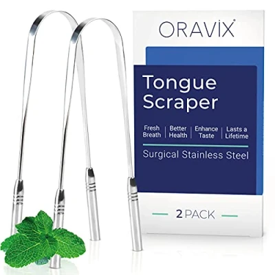 Image of Tongue Scraper Stainless Steel Two pack Cleaner for a Fresh Breath and Better Oral Health Scrapers Kids Adults ORAVIX