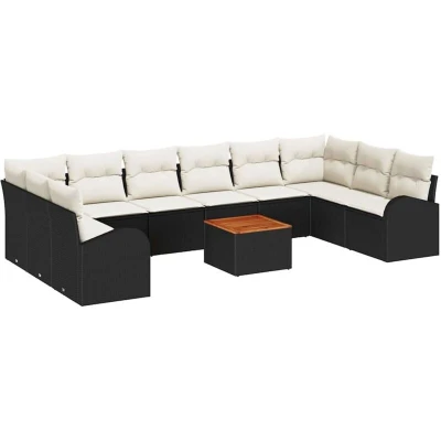 Image of vidaXL 11 Piece Garden Sofa Set with Cushions Black Poly Rattan Acacia