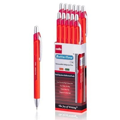 Image of Cello Smooth Grip Butterflow Retractable Ballpoint Pen Fine Tip Ergonomic Handle (0.8 mm) Red (24 Pcs)