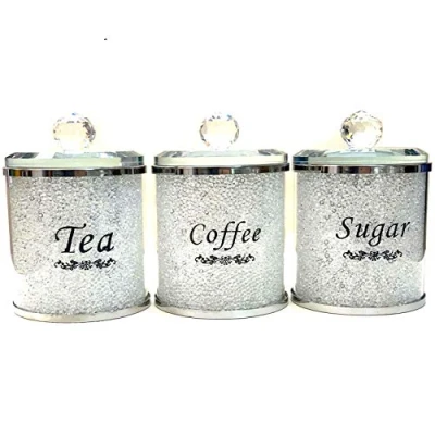 Image of TOV® Diamond Crushed Tea Coffee Sugar CANISTERS Jars Storage Silver Trimmings Crystal Filled (Silver/White)