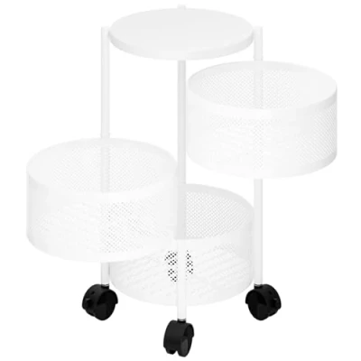Image of cadciehe Rotating Storage Rack, Fruit Basket for Kitchen, Circular Basket, Large Rack with Wheels, and Vegetable Metal Wire Shelf Top Lid White Triple Layer