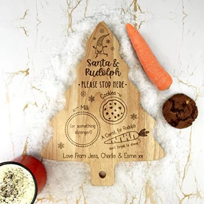 Image of eBuyGB Personalised Christmas Tree Shaped Xmas Eve Board, Santa Claus &amp; Rudolph Please Stop Here, Reindeer Treat Plate, Wooden Snack Tray