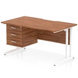 Image of Impulse 1400 x 800mm Scalloped Edge Straight Office Desk Walnut Top White Cantilever Leg Workstation 1 3 Drawer Fixed Pedestal