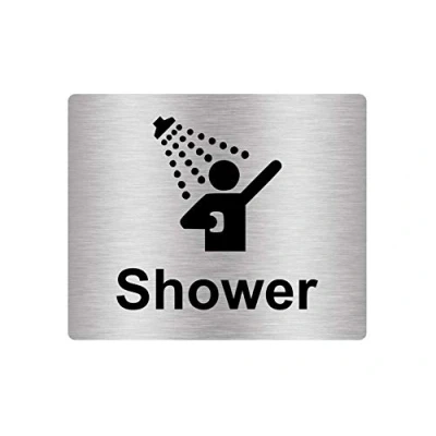 Image of Shower Sign Adhesive Sticker Notice, SILVER/GOLD/BLUE engraved with Text and Universal Icon Symbol (Size 12cm x 10cm) (Silver)