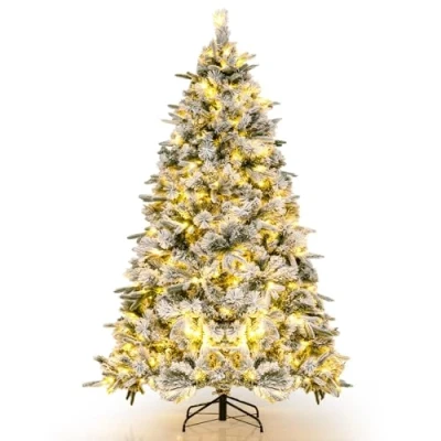 Image of GYMAX 4.5FT/6FT Pre Lit Christmas Tree, Snow flocked Xmas Tree with 384/752 Branch Tips, 150/250 Warm White LED Lights and Pine Needles, Holiday Decor Hinged (186cm)