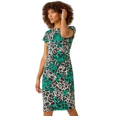 Image of Roman Originals Ruched Waist Dress for Women UK Ladies Side Pleat Winter Autumn Textured Fitted Shift Pencil Smart Lined Stretchy Jersey Work Knee Length Round Neck Green Floral Size 16
