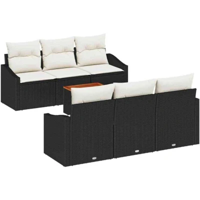 Image of vidaXL 7 Piece Garden Sofa Set with Cushions Black Poly Rattan Acacia