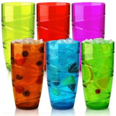 Image of HEFTMAN Plastic Tumblers Set of 6 550ml Acrylic Tumbler Glasses with Swirl Design, Stackable Re usable for Garden, Picnics, Camping, BBQs, Parties or Everyday Use (Coloured)