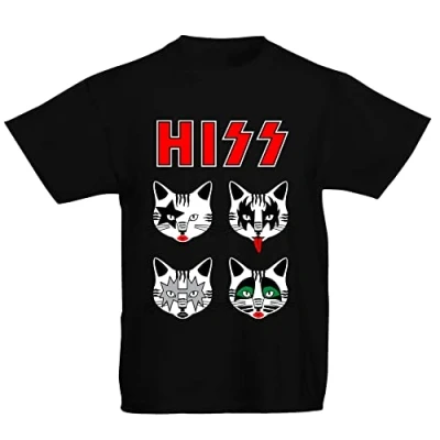 Image of Youth Kids Childrens Hiss Kiss Cats Kittens Rock Funny Parody T Shirt Black 7 8 Years (M)