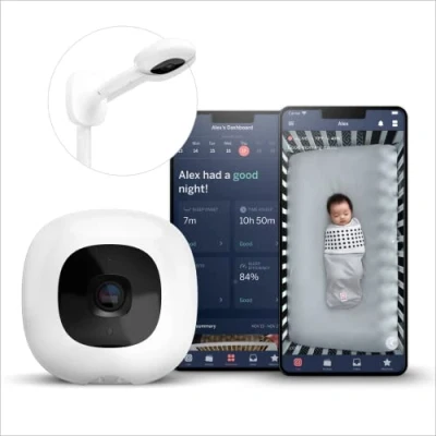 Image of Nanit Pro Complete Baby Monitoring System Bundle Includes 1080p Over The Cot Camera, Travel Multi Stand, Breathing Wear Band Tracks Newborn Sleep and Motion Sensor Free, White, 1 Count