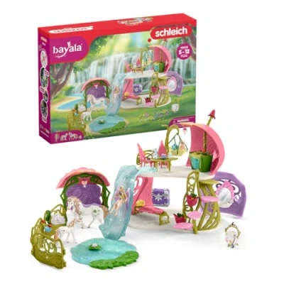 Image of schleich BAYALA — 42445 Glittering Flower House with Unicorns, Lake and Stable, 71 Piece Play Set Elf Figurine Accessories, Flying Fairy Toys for Girls &amp; Boys 5+