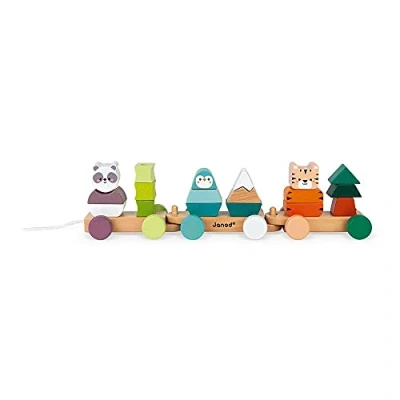 Image of Janod Wooden Train La Balade Des Animaux Activity Toy to Develop Fine Motor Skills, Learn Colours Water Based Paint Wwf Partnership Fsc Certified from 12 Months Old, J08603