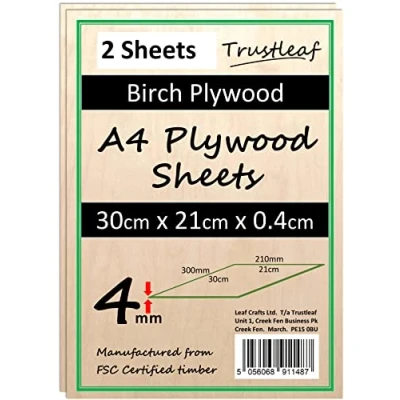 Image of 4mm Birch Plywood A4 300x210x (Pack of 2) Laserable Low Fume E1 Glue Ply...