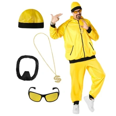 Image of Morph Mens Track Suit Costume Yellow Hip Hop Outfit For Men 2000s Rapper Gangster Halloween Costumes L
