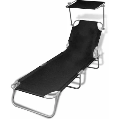 Image of vidaXL Folding Sun Lounger with Canopy Steel and Fabric Black