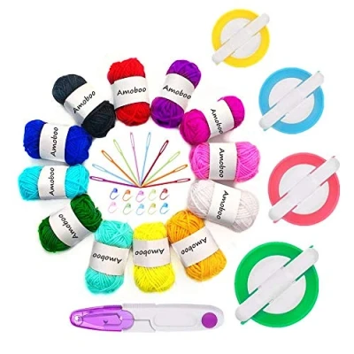 Image of PomPom Makers, 4 Sizes Fluff Ball Weaver Needle Maker Sets DIY Pompoms Craft Doll Making Kits Contain 12pcs Yarn + 1pcs Scissors 10pcs Knitting Stitch Markers Plastic Needless (37)