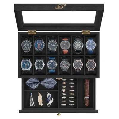 Image of SONGMICS Watch Box with 12 Slots, 2 Tier Wood Case Large Glass Lid, Pillows, Velvet Lining, Jewellery Box, Gift for Loved Ones, Ink Black JOW012B02
