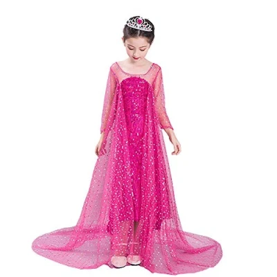 Image of Lito Angels Princess Snow Queen Pink Sequin Fancy Dress Costume with Tulle Train Birthday Party Outfit for Girls Kids Age 9 10 Years
