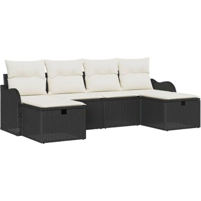 Image of vidaXL 6 Piece Garden Sofa Set with Cushions Black Poly Rattan